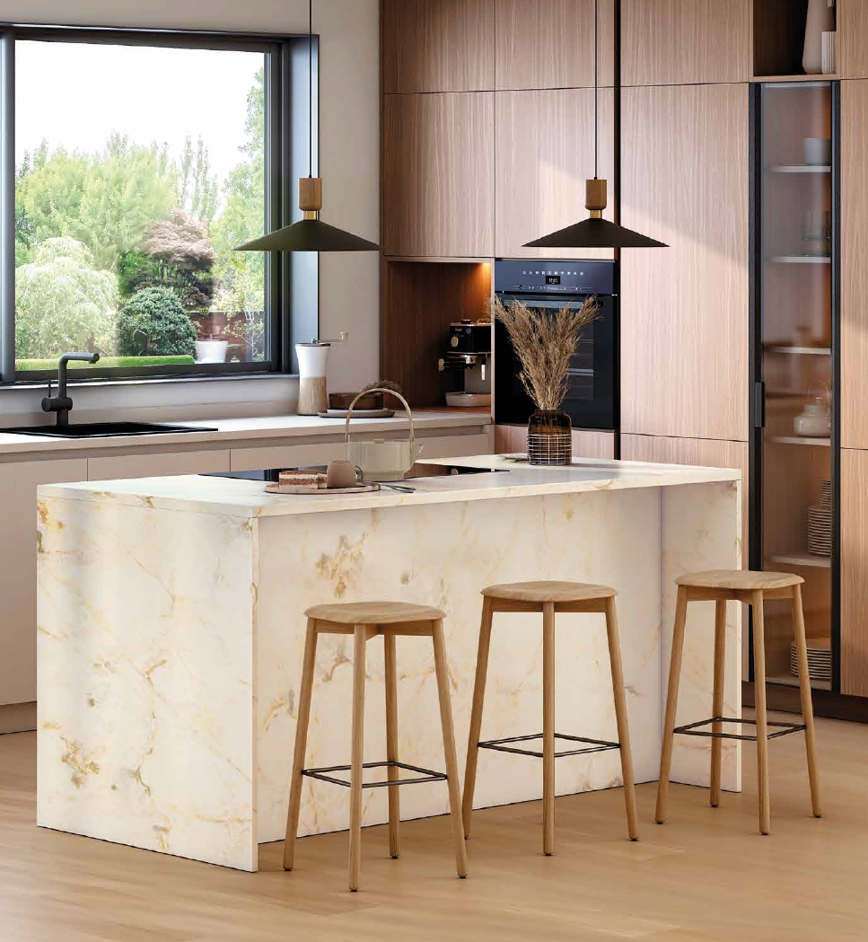 Isla de cocina con encimera laminada efecto marmol marca Alvic